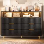 6 Drawers Dresser for Bedroom, 53.9" Wide Dressers with LED Lights and Charging Station, Curved Profile Design, Fluted Wood Drawers with Gold Handle, Modern Chest of Dressers for Living Room, Black - Image 2