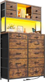 62“H Dresser for Bedroom with Large Drawers,Dressers & Chests of Drawers Featuring LED Light and Charging Ports,Sturdy Fabric Drawers with Open Storage Shelves, Wood Top,Steel Frame(Rustic Brown) - Image 2