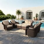 7 Piece Patio Wicker Conversation Set, All-Weather Use Outdoor Wicker Loveseat with 4 PE Rattan Ottomans,4 Swivel Chair, Ideal for Porch, Backyard, Balcony, Poolside, Beige - Image 2