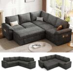85 Inch Modular Sectional Sofa with Pull Out Bed,L Shaped 5 Seat Sectional Sleeper Sofa with Storage,Sectional Couches for Living Room,Cloud Modular Couch,Removable Sofa Cover, Dark Grey - Image 2
