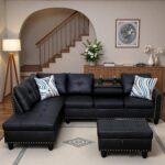 97.5" L Shaped Couch Set, Modular Sectional Couches for Living Room with Storage Ottoman, 4 Seat Home Sofa Living Room Furniture Sets with Chaise for Apartment Office (Leather, Black) - Image 2