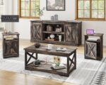 AMERLIFE 4-Piece Farmhouse Table Set Includes Sliding Barn Door TV Stand, Coffee Table& Two End Tables, Side Table with Charging Station and USB Ports, for Living Room, Dark Oak, 66" - Image 2