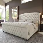 AMERLIFE Queen Size Platform Bed Frame, Chenille Upholstered Sleigh Bed with Scroll Wingback Headboard & Footboard/Button Tufted/No Box Spring Required/Cream - Image 2