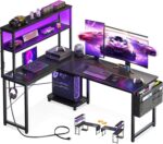 AODK L Shaped Desk Gaming Desk with LED Light & Power Outlet, 53 Inch Reversible L Shaped Computer Table with Shelf & Storage Bag & Hook for Home Office, Black - Image 2