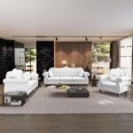 AVZEAR 3-Piece Living Room Sectional Sofa Set, Mid-Century Modern Chesterfield Upholstered Velvet Sofa Couch, Classic Tufted Button White Couch with Nailhead Trim for Living Room, Office (White) - Image 2