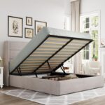 Allewie Queen Size Lift Up Storage Bed, Modern Wingback Headboard, Hydraulic Support, No Box Spring Needed, Light Beige - Image 2