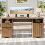 Bestier 59 inch Office Desk with 2 Drawer, Computer Desk with File Cabinet & 2 Open Storage, Modern Fluted Wood Desk for Home Office Bedroom Study, Natual Oak - Image 2