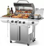 COWSAR 4-Burner Gas Grill, 42000 BTU BBQ Grill, Stainless Steel Barbecue Grill with Side Burner, Enameled Cast Iron Grill, Pull-Out Oil Tray, Suitable For Outdoor, Backyard Barbecues - Image 2