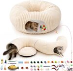 Cat Tunnel Bed with 40 Pcs Interactive Cat Toys, Cat Tube with Kitten Toys for Indoor Kittens, Collapsible Play Tunnel, White - Image 2