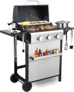 Cookit BBQ Propane Gas Grill, Stainless Steel Patio Garden Barbecue Grill with Flodable Side Tables & Easy-Clean Grease Management (3-Burner) - Image 2