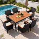 Devoko Dining 7 PCS Furniture, Patio Conversation Set with Acacia Wood Table Top, Outdoor, Beige Cushion and Black Rattan - Image 2