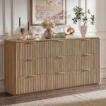 Dresser for Bedroom with 9 Drawers, 63"W Chest of Drawers, Fluted Dresser with Faux Marble Top, Curved Profile Design, Metal Handle, Wood Closet Storage Organizer for Living Room, Hallway, Natural Oak - Image 2