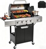 EUHOME 51,000 BTU 4-Burner Propane Gas Grill with Side Burner – Large 452 sq.in Stainless Steel BBQ Grill, Enameled Cast Iron Grates, 4 Swivel Casters & Protective Cover for Backyard Patio Family - Image 2
