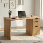 FURSUN 58" Home Office Desk with Power Outlet & File Cabinet, Modern Fluted Executive Desk with 3 Storage Drawers, Large Computer Workstation for Study & Bedroom, Natural Oak - Image 2