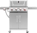 Feasto 4-Burner Propane Gas Grill w/Sear & Side Burner, Stainless Steel Construction w/Porcelain-Enameled Main Body, 49,500 BTU Outdoor BBQ Grill, 563 Sq. In. Cooking Area, Cabinet Storage, Silver - Image 2