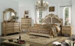 First of a Kind Miranda Gold Finish Traditional 5 Piece Queen Bedroom Set with Upholstered Tufted Headboard Ornate European Inspired Design Coordinated Furniture Collection - Image 2