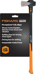Fiskars Pro IsoCore Splitting Maul and Stainless Steel Axe, Wood Splitting Maul, IsoCore Shock Reduction & Forged Steel Head, 6 lb, 36”, Black/Orange - Image 2