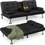 Flamaker Futon Sofa Bed Modern Folding Futon Set Convertible Recliner Lounge for Living Room with 2 Cup Holders, Removable Armrests (PU Leather, Black) - Image 2
