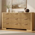 Fluted Dresser for Bedroom, 57" Modern Chest of Drawers with Metal Handle, Wood Closet Clothes Storage Organizer with 9 Drawers for Living Room, Hallway, Entryway, Natural Oak - Image 2