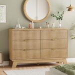 Fluted Dresser for Bedroom with 6 Drawers, 48" Wide Modern Chest of Drawers with Metal Handle, Wooden Dresser TV Stand, Wood Closet Clothes Storage Organizer for Living Room, Hallway, Natural Oak - Image 2