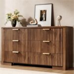 Fluted Walnut Dresser with 6 Drawers, 54" Wide Chest of Drawers with Metal Handle, Modern Storage Dressers Organizer for Living Room, Hallway, Bedroom - Image 2