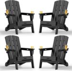 Folding Adirondack Chair 4 Pack, HDPE All-Weather Fire Pit Chairs, Plastic Adirondack Chairs with 2 Cup Holder, Outdoor Lawn Chair for Patio Garden (Black) - Image 2