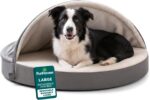 FurHaven Round Orthopedic Dog Bed for Large Dogs, Egg Crate with a Solid Orthopedic Foam Base with Attached Blanket Hood and Removable Washable Cover, Large, Sherpa & Suede Snuggery, Gray - Image 2
