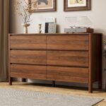 Furniway 55" Mid-Century Modern Dresser for Bedroom, 6 Drawer Wide Chest of Drawers with Wood Legs, Large Storage Bedroom Dresser, Walnut - Image 2