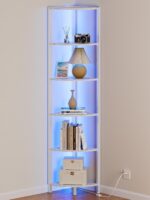 Furnulem 6 Tier Corner Shelf with LED Light, 67.5” Tall Standing Shelf Organizer, White Narrow Bookshelf with Storage Rack for Wall Corner, Living Room, Bedroom, Metal Frame, Wood Display Shelf - Image 2