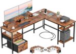 Furologee 66” L Shaped Desk with Power Outlet, Reversible Home Office Desk with File Drawer, 2 Monitor Stands, Storage Shelves, Corner Computer Table for Gaming, Writing, Rustic Brown - Image 2