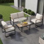 Garvee Outdoor Patio Furniture Set, 4-Piece Outdoor Conversation Sofa Set, Lawn Furniture with Coffee Table & Washable Thick Cushions,Seating Sofa for Garden, Deck, Backyard,Beige - Image 2