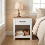 GarveeHome Nightstands Set of 2 with Charging Station, 1-Drawer Bedside Tables, Small Night Stands for Bedroom with Storage Shelf, End Tables, Walnut Top and White - Image 2