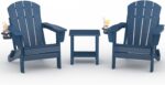 GarveeLife Folding Adirondack Chair Set of 2 with Side Table, All-Weather HDPE Outdoor Chair, Wooden Textured with Cup Holder for patios, Decks, Gardens, fire pits, Navy Blue - Image 2
