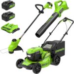 Greenworks 48V (24V x 2) 20" Brushless Cordless Lawn Mower + 12" String Trimmer + 320 CFM Leaf Blower Combo Kit with (2) 4.0Ah Batteries & Dual Port Fast Charger - Image 2