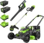 Greenworks 80V 25" TruBrushless™ Dual Blade Mower, 5.0Ah Battery and Charger + 80V Cordless Brushless String Trimmer + Leaf Blower Combo, 2Ah Battery and Charger - Image 2