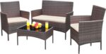 Greesum Patio Furniture 4 Pieces Conversation Sets Outdoor Wicker Rattan Chairs Garden Backyard Balcony Porch Poolside loveseat with Soft Cushion and Glass Table, Brown and Beige - Image 2