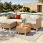 HERA'S HOUSE Small Patio Furniture Set, 3 Pieces Wicker Outdoor Sectional Sets,Yellow Rattan Conversation Set with Sofa and Coffee Table for Garden and Backyard, l Shape Boho Balcony Couch Sets - Image 2