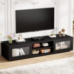 HSH 70 Inch Black Oak TV Stand for TVs up to 75 Inches, Modern Low Profile TV Console Cabinet with Sliding Doors and Storage, Wood Media Console Entertainment Center for Living Room - Image 2