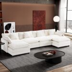 Ihanherry 146" U-Shaped Modern Sofa Modular Sectional Cloud Couch with 2 Ottoman, 6-Seat Chenille Deep Seat Sofa with 6 Pillows for Living Room, Bedroom and Apartment, Beige - Image 2