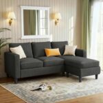 JAMFLY Couches for Living Room, 3-Seat Reversible Sectional Sofa with Convertible Ottoman, Modern Ribbed Fabric L-Shaped Couch for Small Apartment, Studio & Office, Easy Assembly, Grey - Image 2