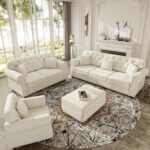 KEIKI 3-Piece Chesterfield Sofa Set with 1 Velvet 3-Seater Sofa & 1 Loveseat & 1 Single Sofa, 6-Seater Couch Set with Nailhead Trim & Rolled Arms & 1 Ottoman & 6 Pillow, for Living Room, White - Image 2