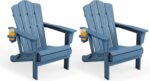 KINGYES Folding Adirondack Chair Set of 2, HDPE All-Weather Patio Chairs with Cup Holder, Wooden Textured Fire Pit Chairs for Poolside, Backyard, Deck, Navy - Image 2