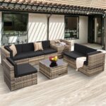 KROFEM 8-Piece Patio Furniture Set, Outdoor Wicker Rattan Sectional with Thick Cushions, Glass Top Table with Hidden Storage, Outdoor Conversation Set for Backyard, Porch, Patio, Black - Image 2