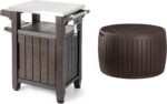 Keter Unity 40 Gallon Stainless Steel Top Grilling Bar Cart with Circa 37 Gallon Round Deck Box Multipurpose Storage Table and Seating, Brown - Image 2
