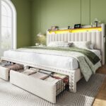 King Bed Frame with LED Lights&Charging Station and 2 Storage Drawers,Fabric Upholstered,Storage Headboard for Apartment Bedroom,Sturdy Wooden Slat Support, Noise-Free, No Box Spring Needed,Beige - Image 2