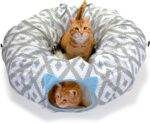 Kitty City Large Cat Tunnel Bed, 2-in-1 Zip-Together Cat Play Tunnel & Plush Nap Bed, Pop-Up Indoor Cat Toy with Hanging Toys, Collapsible Design - White - Image 2