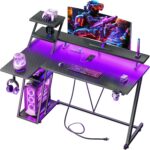 Korfile 40 Inch Gaming Desk with LED Lights & Power Outlet, L Shaped Computer Gaming Table with Storage Shelves, Reversible Corner Desk with Monitor Stand for Home Office, Carbon Fiber Black - Image 2