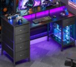 Korfile 47 Inch Gaming Desk with Power Outlets and LED Lights, Reversible Computer Desk with 5 Fabric Storage Drawers, Home Office Desk with Monitor Stand for Working Writing Study, Black - Image 2