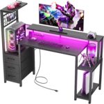 Korfile 48 Inch Gaming Desk with LED Lights & Power Outlets,Computer Desk with Fabric Drawers & Side Hook,Reversible Gamer Table with Monitor Stand for Game Room,Home Office,Carbon Fiber Black - Image 2