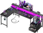 Korfile 66'' L Shaped Gaming Desk with Drawers and Storage Shelves, Reversible Corner Desk with Power Outlets and Host Stand, Large Computer Desk with Led Lights for Gaming, Work, Home Office, Black - Image 2